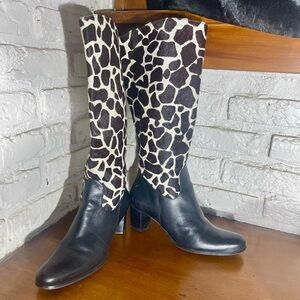 Diego di Lucca Black Leather Hair on Shafts Zip Animal Print Boots Womens